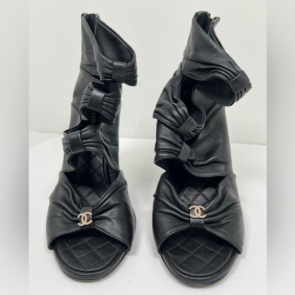 Chanel Ruched Open Toe Leather Camellia Booties Black - Picture 1 of 5